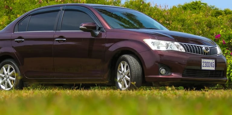 Burgundy sedan parked on grass with green trees in background
